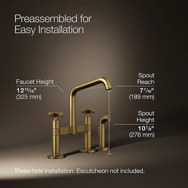 KOHLER® Billet® Vibrant Brushed Moderne Brass 2-Hole Bridge Kitchen Sink Faucet with Side Sprayer-2
