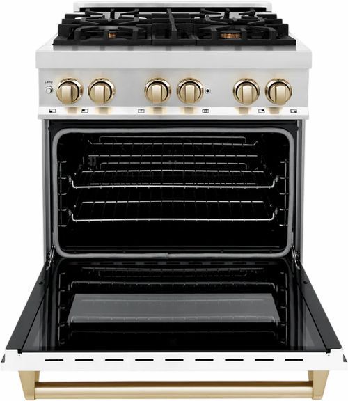 ZLINE Autograph Edition 30" Stainless Steel Pro Style Dual Fuel Range with White Matte Door and Polished Gold Accents-1