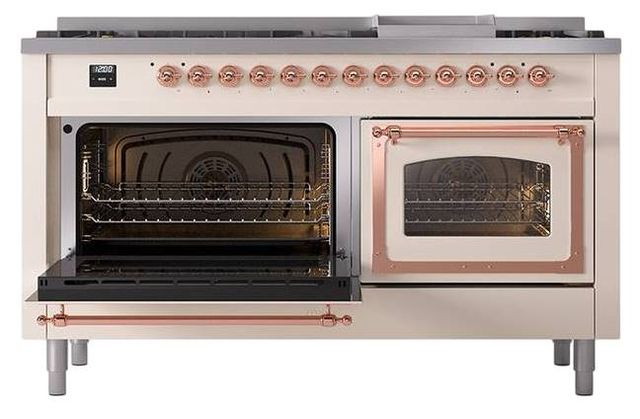 Ilve® Nostalgie II Noblesse 60'' Antique White Pro Style Dual Fuel Range with Copper Trim-3