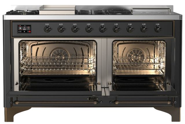 Ilve® Majestic III 60" Graphite Matte Pro Style Dual Fuel Natural Gas Range with Solid Door and Burnished Trim-1