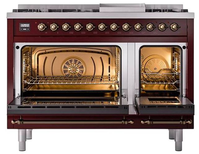 Ilve® Nostalgie II Noblesse 48'' Burgundy Pro Style Dual Fuel Range with Burnished Trim-2