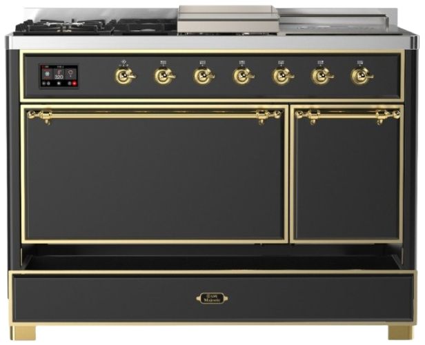 Ilve® Majestic III 48" Graphite Matte Pro Style Dual Fuel Liquid Propane Range with French Top and Brass Trim-2