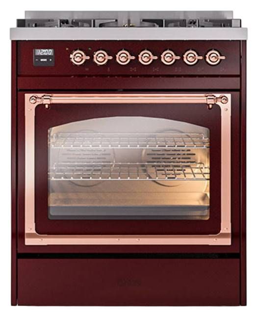 Ilve® Nostalgie II Noblesse 30" Burgandy Pro Style Dual Fuel Range with Copper Trim-1