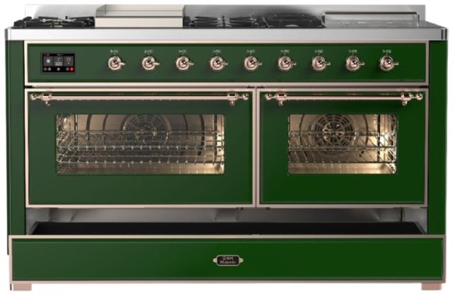 Ilve® Majestic III 60" Emerald Green Pro Style Dual Fuel Natural Gas Range with French Top and Copper Trim-2