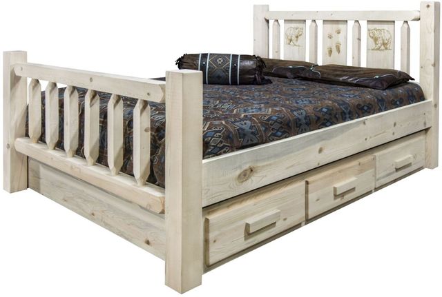 Montana Woodworks® Homestead Clear Lacquer Twin Storage Bed with Laser Engraved Bear Design-2