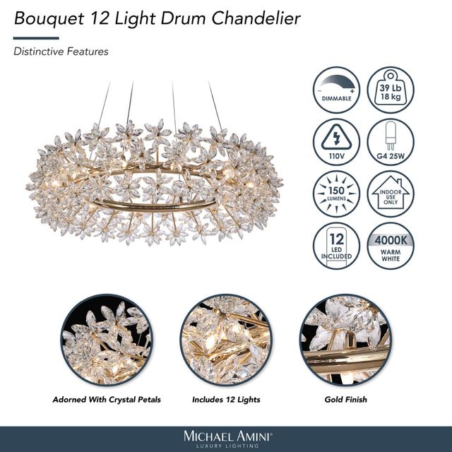 Michael Amini® Bouquet Gold 12-Light Oblong Chandelier-3