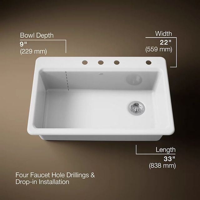 KOHLER® Riverby® White 33" 4-Faucet Hole Top-Mount Single-Bowl Workstation Kitchen Sink-3