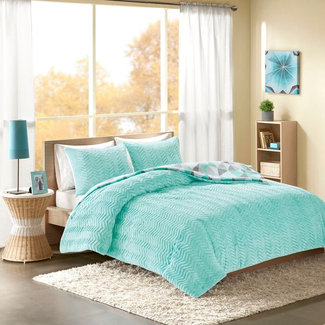 Olliix by Intelligent Design Ellie Aqua King Reversible Comforter Mini Set-4