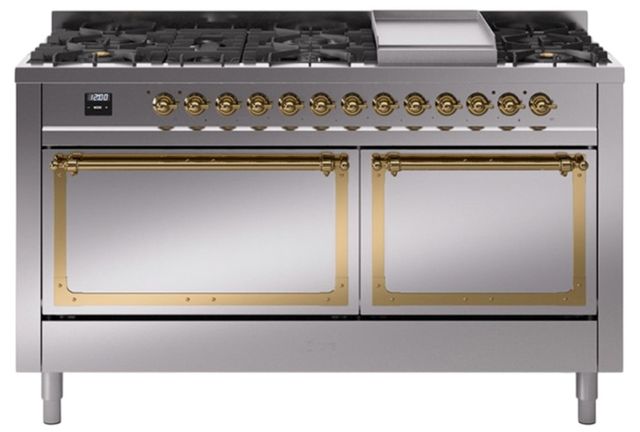 Ilve® Nostalgie II Noblesse 60'' Stainless Steel Pro Style Dual Fuel Range with Brass Trim-0