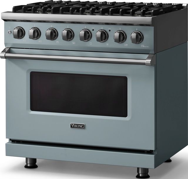 Viking® 5 Series 36" Novembery Sky Pro Style Dual Fuel (LP) Range with Polished Chrome Trim-3