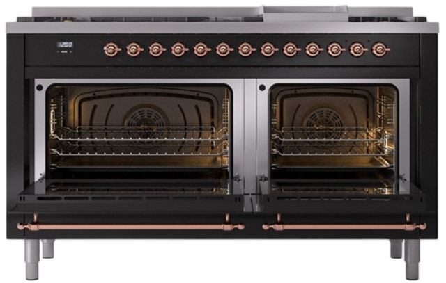 Ilve® Nostalgie II Noblesse 60'' Glossy Black Pro Style Dual Fuel Range with Copper Trim-1