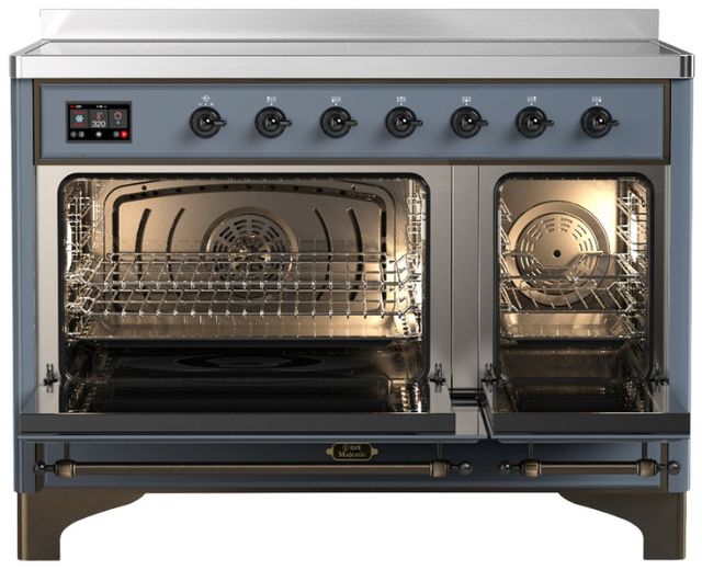 Ilve® Majestic III 48" Blue Gray Pro Style Induction Range with Solid Door and Burnished Trim-1