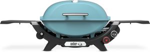 Front view of the Weber® Q 2800N+ 2-Burner Sky Blue Tabletop Liquid Propane Gas Grill