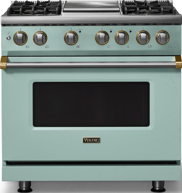 Viking® 5 Series 36" Splash Pro Style Dual Fuel (NG) Range with Brushed Brass Trim-0