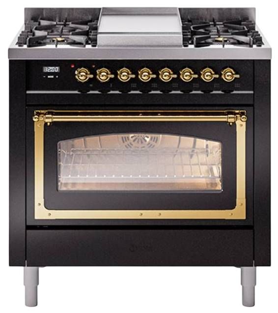 Ilve® Nostalgie II Noblesse 36'' Glossy Black Pro Style Dual Fuel Range with Brass Trim-0