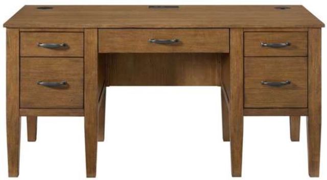 Elements International Portico Brown Oak Half Pedestal Desk with Power/USB-3
