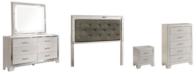 Signature Design by Ashley® Lonnix 5-Piece Silver Queen Upholstered Panel Headboard Bed Set-0