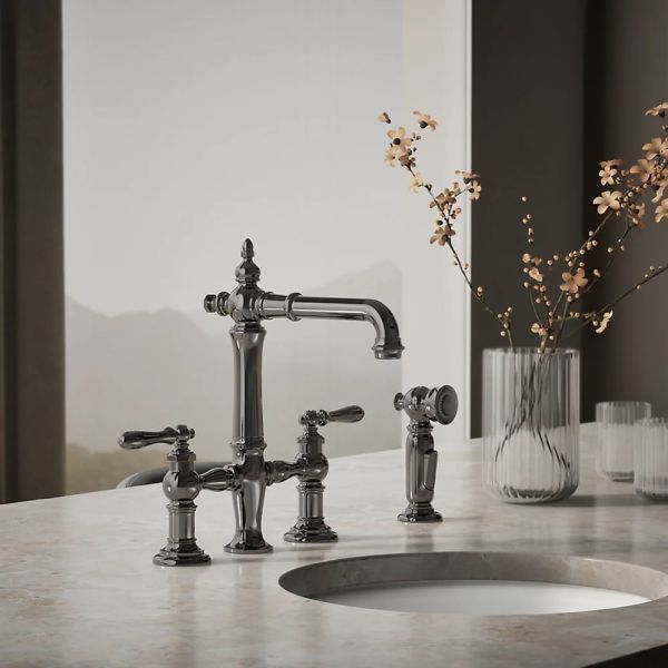 KOHLER® Artifacts® Vibrant Titanium 3-Hole Bridge Bar Sink Faucet with Side Sprayer-1