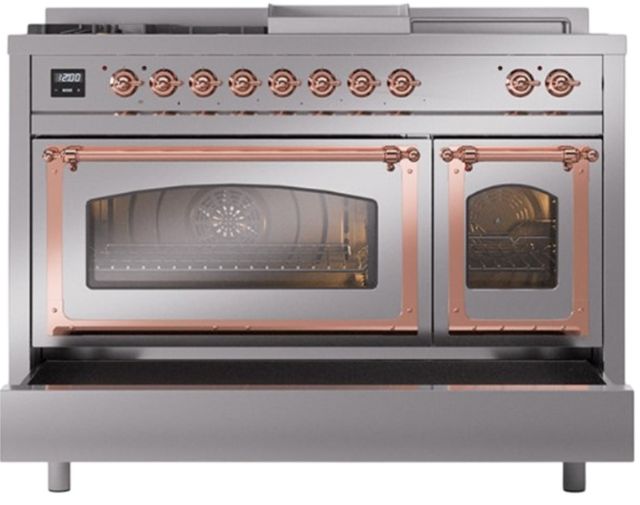 Ilve® Nostalgie II Noblesse 48'' Stainless Steel Pro Style Dual Fuel Range with Copper Trim-3