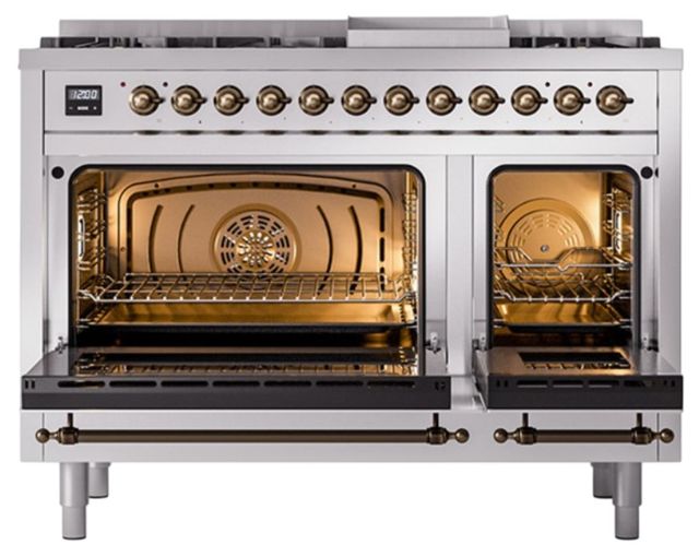 Ilve® Nostalgie II Noblesse 48'' Stainless Steel Pro Style Dual Fuel Range with Burnished Trim-1