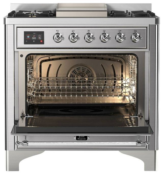 Ilve® Majestic III 36" Stainless Steel Pro Style Dual Fuel Natural Gas Range with Solid Door and Chrome Trim-1