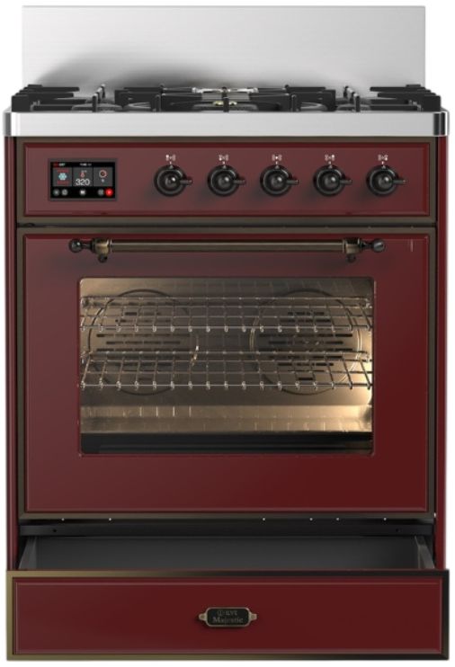 Ilve® Majestic III 30" Burgundy Pro Style Dual Fuel Liquid Propane Range with Triple Glass Door and Burnished Trim-1