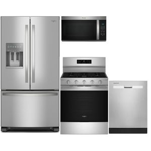 Front view of the Whirlpool 4 Piece Stainless Steel Kitchen Package