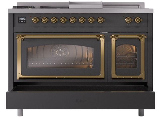 Ilve® Nostalgie II Noblesse 48'' Graphite Matte Pro Style Dual Fuel Range with Brass Trim-3