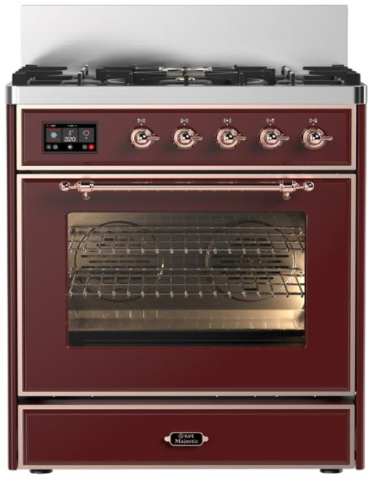 Ilve® Majestic III 30" Burgundy Pro Style Dual Fuel Natural Gas Range with Triple Glass Door and Copper Trim-0