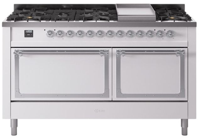 Ilve® Nostalgie II Noblesse 60'' White Pro Style Dual Fuel Range with Chrome Trim-0