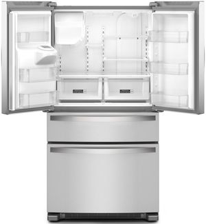 Front view of an opened Whirlpool® 36" 24.5 Cu. Ft. Fingerprint Resistant Stainless Steel French Door Refrigerator
