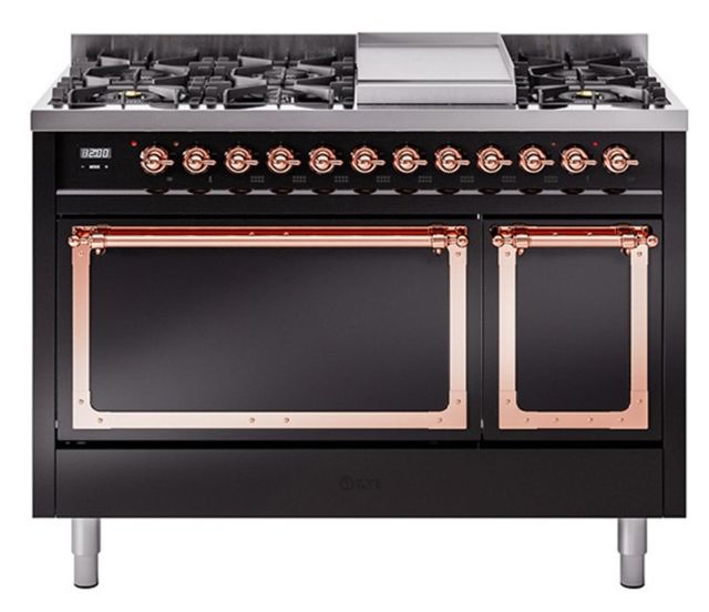 Ilve® Nostalgie II Noblesse 48'' Glossy Black Pro Style Dual Fuel Range with Copper Trim-0