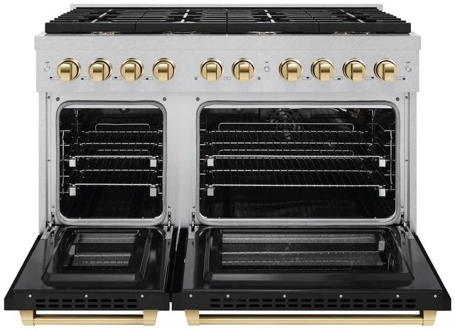 ZLINE Autograph Edition Paramount 48" Satin Stainless Steel Pro Style Gas Range with Black Matte Door and Polished Gold Accents-2