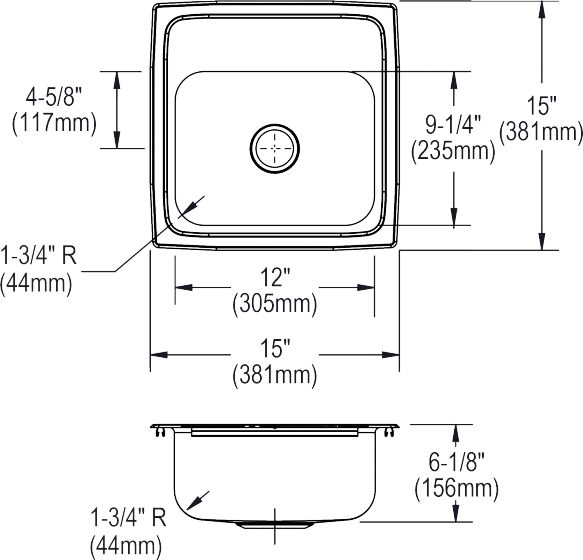 Elkay Lustertone® Lustrous Satin 15" x 15" 2-Hole Single Bowl Drop-in Bar Sink-3