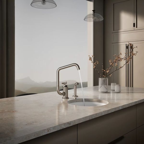 KOHLER® Billet® Vibrant Stainless Single Cross-Handle Bar Sink Faucet with 2-Function Extended-Reach Spout and Side Sprayer-2