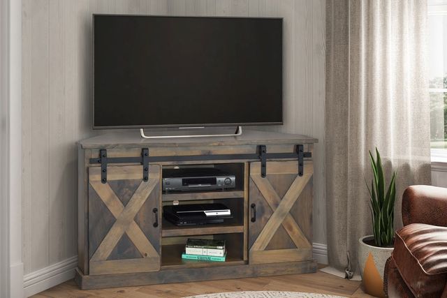 Legends Home Farmhouse Barnwood 66" Corner TV Console-1