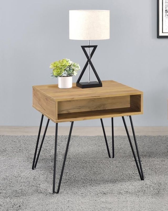 Coaster® Fanning Golden Oak End Table with Black Hairpin Leg-1