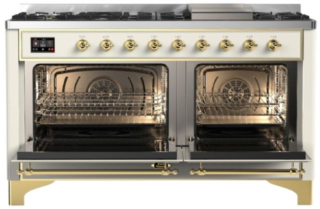 Ilve® Majestic III 60" Antique White Pro Style Dual Fuel Liquid Propane Range with Solid Door and Brass Trim-1