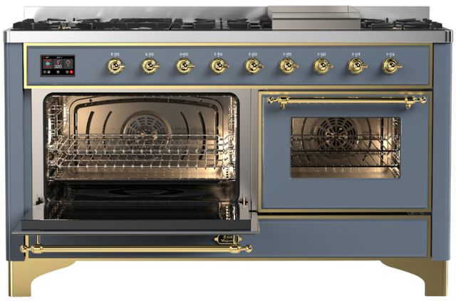 Ilve® Majestic III 60" Blue Gray Pro Style Dual Fuel Liquid Propane Range with Triple Glass Door and Brass Trim-2