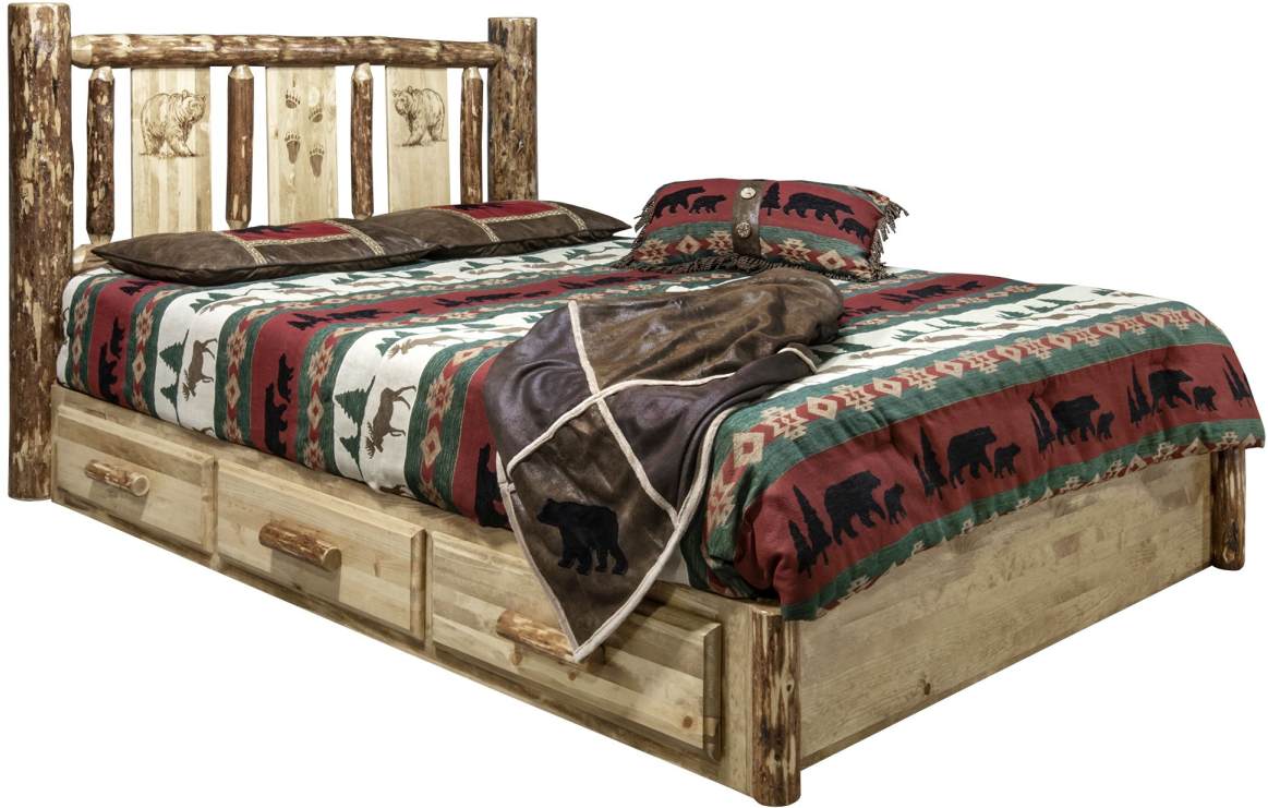 Montana Woodworks® Glacier Country Stained and Lacquered California King Platform Storage Bed with Laser Engraved Bear Design