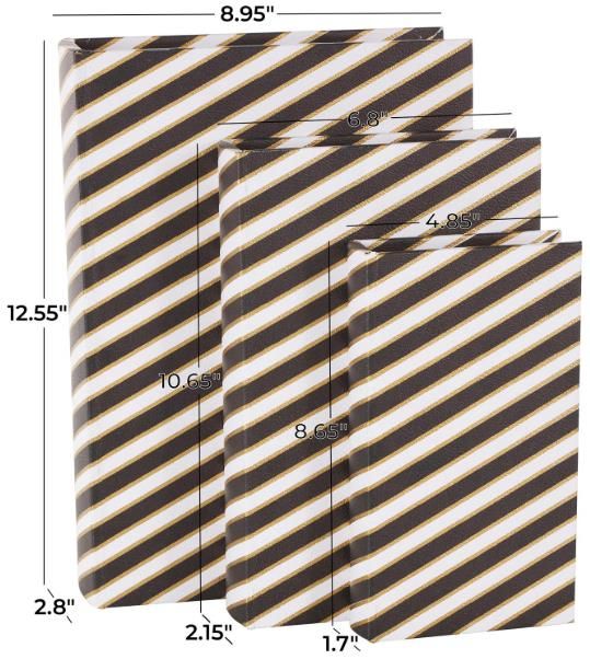 Deco Marche 3-Piece Black Book Storage Decorative Box with White and Gold Stripes Set-3