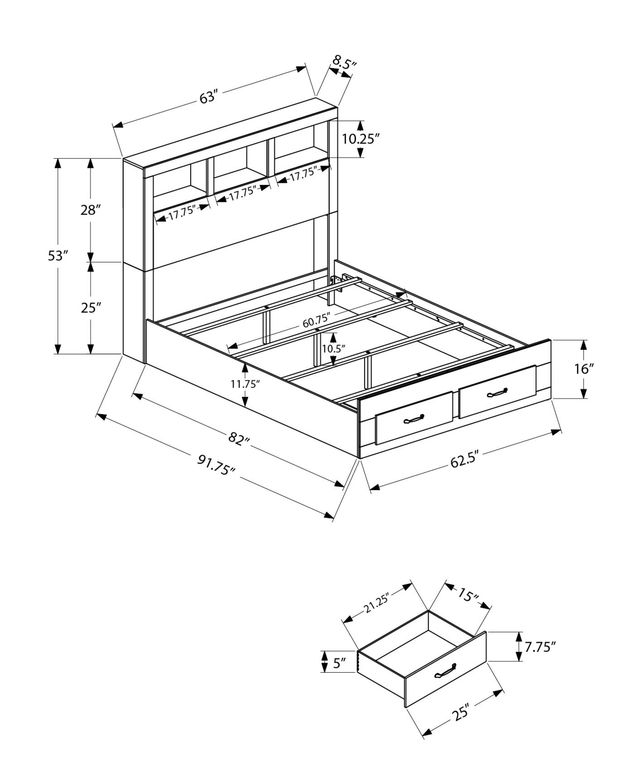 Monarch Specialties Inc. Rustic Oak Queen Bookcase Bed with 2 Drawers-2