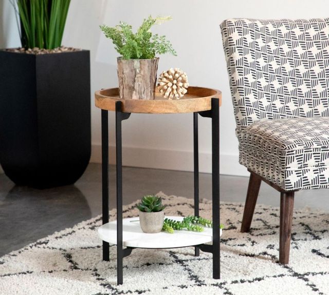 Coaster® Adhvik Natural Round Accent Table with Marble Shelf and Black Metal Frame -1