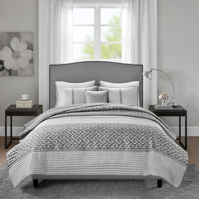 Olliix by Madison Park 4 Piece Grey King/California King Bennett Reversible Jacquard Coverlet Set-1