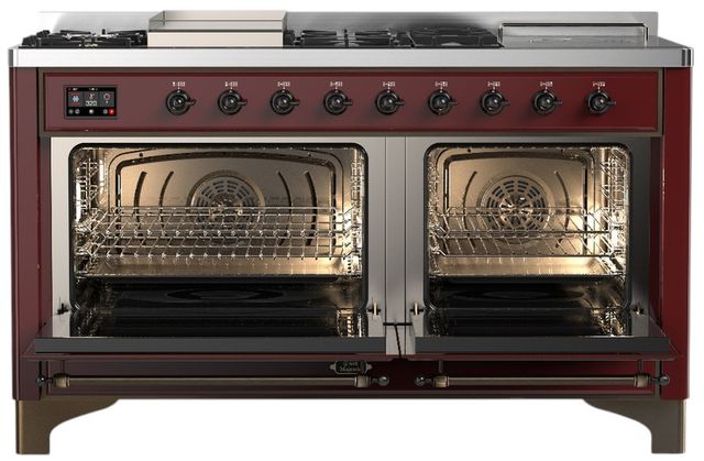 Ilve® Majestic III 60" Burgundy Pro Style Dual Fuel Liquid Propane Range with Griddle and Burnished Trim-1
