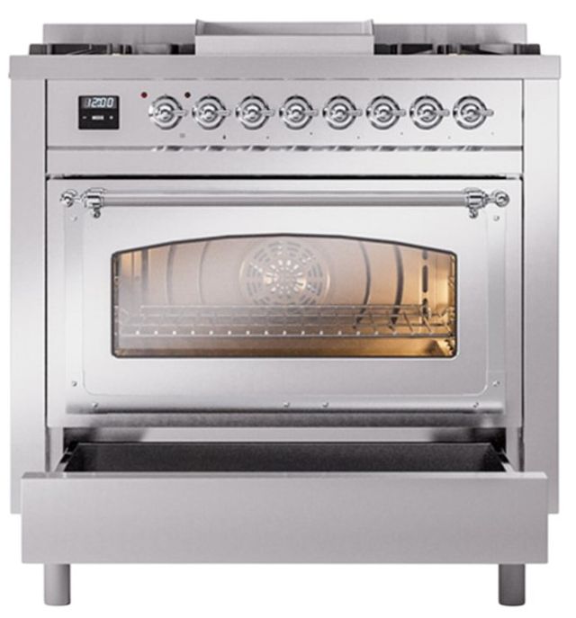 Ilve® Nostalgie II Noblesse 36'' Stainless Steel Pro Style Dual Fuel Range with Chrome Trim-3