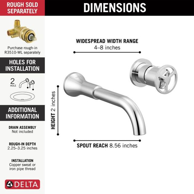 Delta Trinsic® Chrome Single Handle Wheel Wall Mount Bathroom Faucet Trim-3