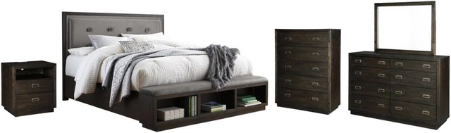 Signature Design by Ashley® Hyndell 5-Piece Dark Brown California King Upholstered Panel Storage Bed Set-0