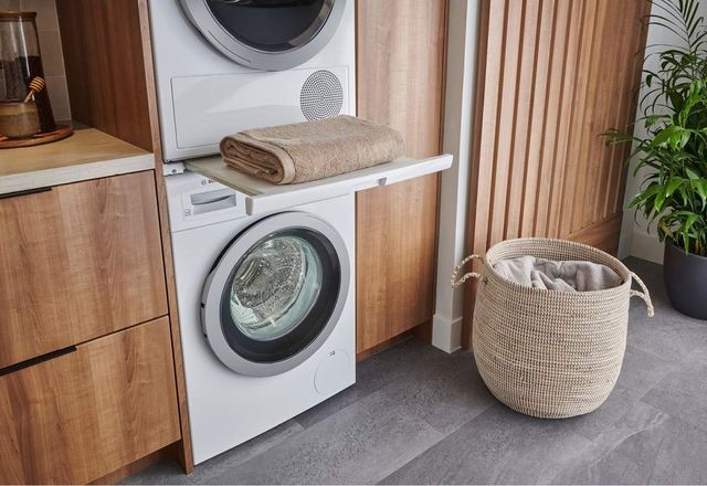 Front view of a stacked Bosch front load washer and dryer Front view of a stacked Bosch front load washer and dryer