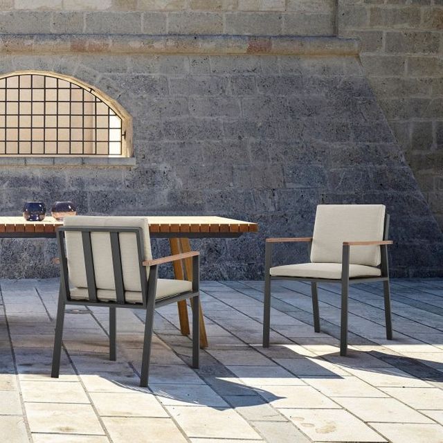 Armen Living Nofi 2-Piece Charcoal/Taupe Aluminum/Fabric Outdoor Dining Arm Chair Set-1